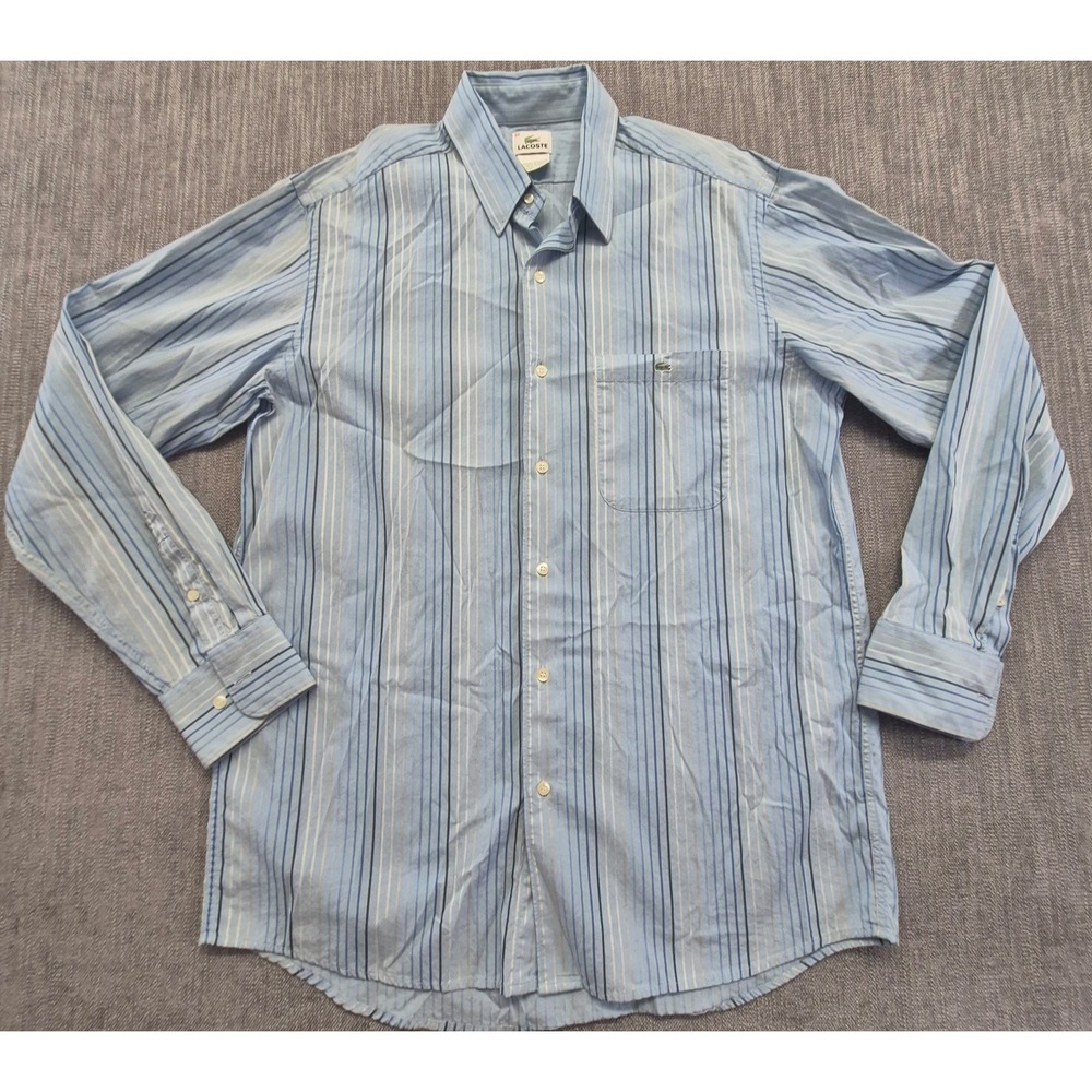 Lacoste men's blue striped button up long sleeve shirt sz 42 (US LG) Cotton Logo